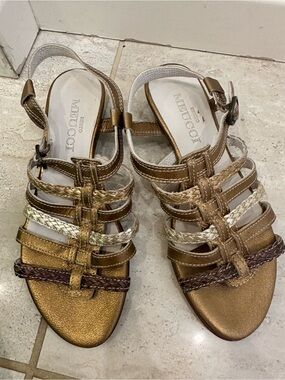 Sesto Meucci Metallic Gold and Brown Braided Strappy Sandals